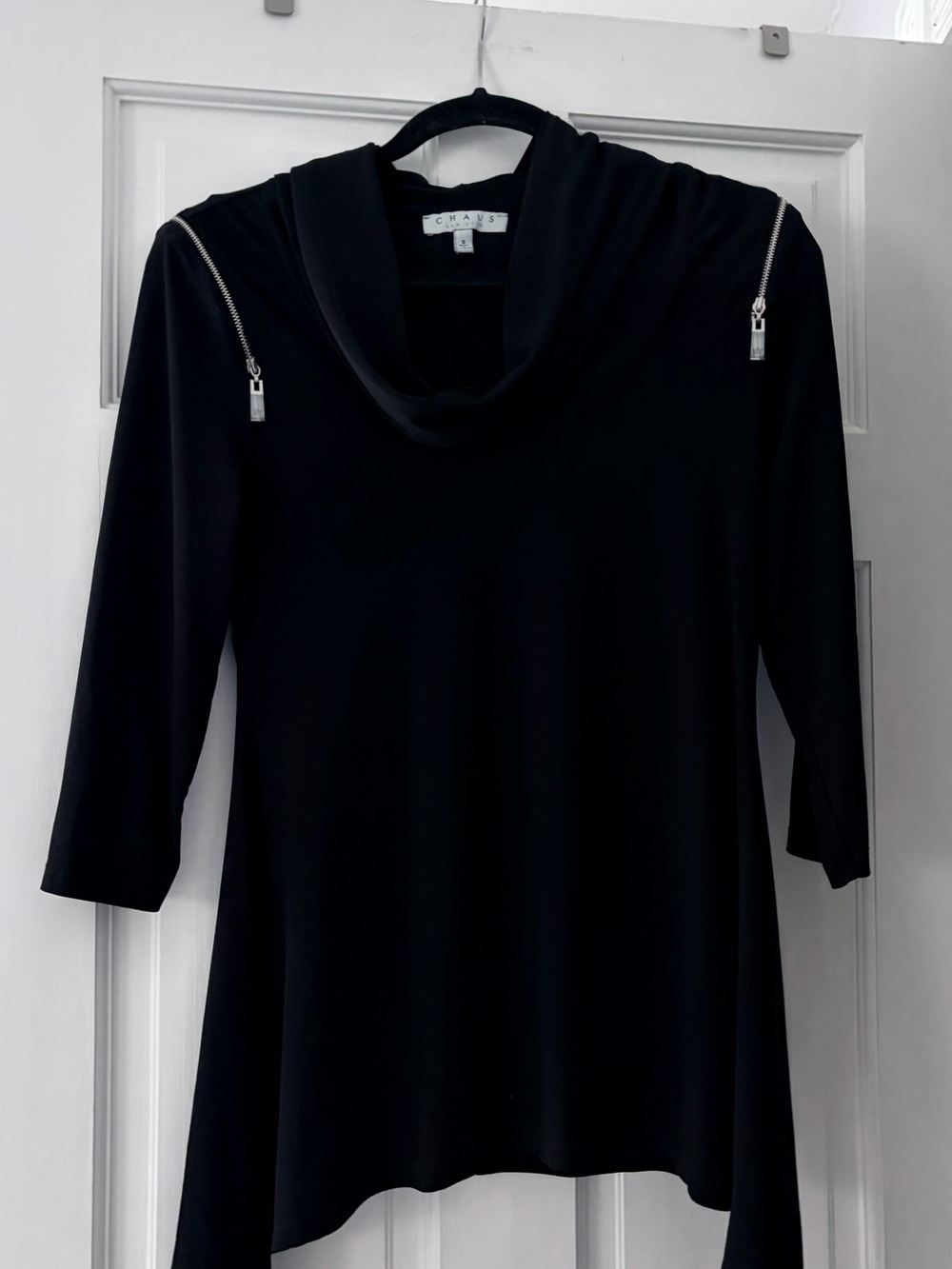 Chaus Black Asymmetrical Cowl Neck Dress with Zip Accents